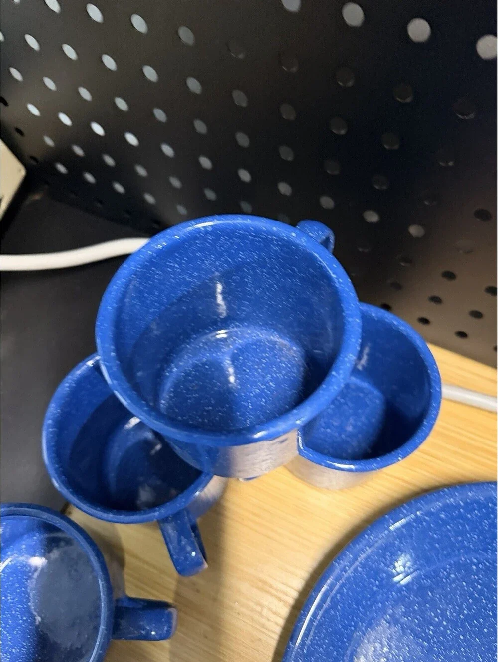 Blue Speckled 9 piece Camping Dish Set for 4 hiking skillet plates cups